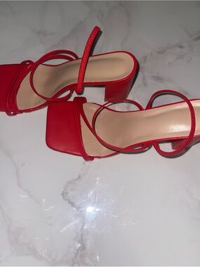 Red Strappy Block Heel Sandals - Women's Chic Slip-On